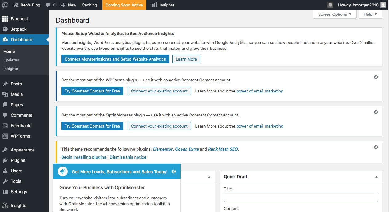 WordPress dashboard